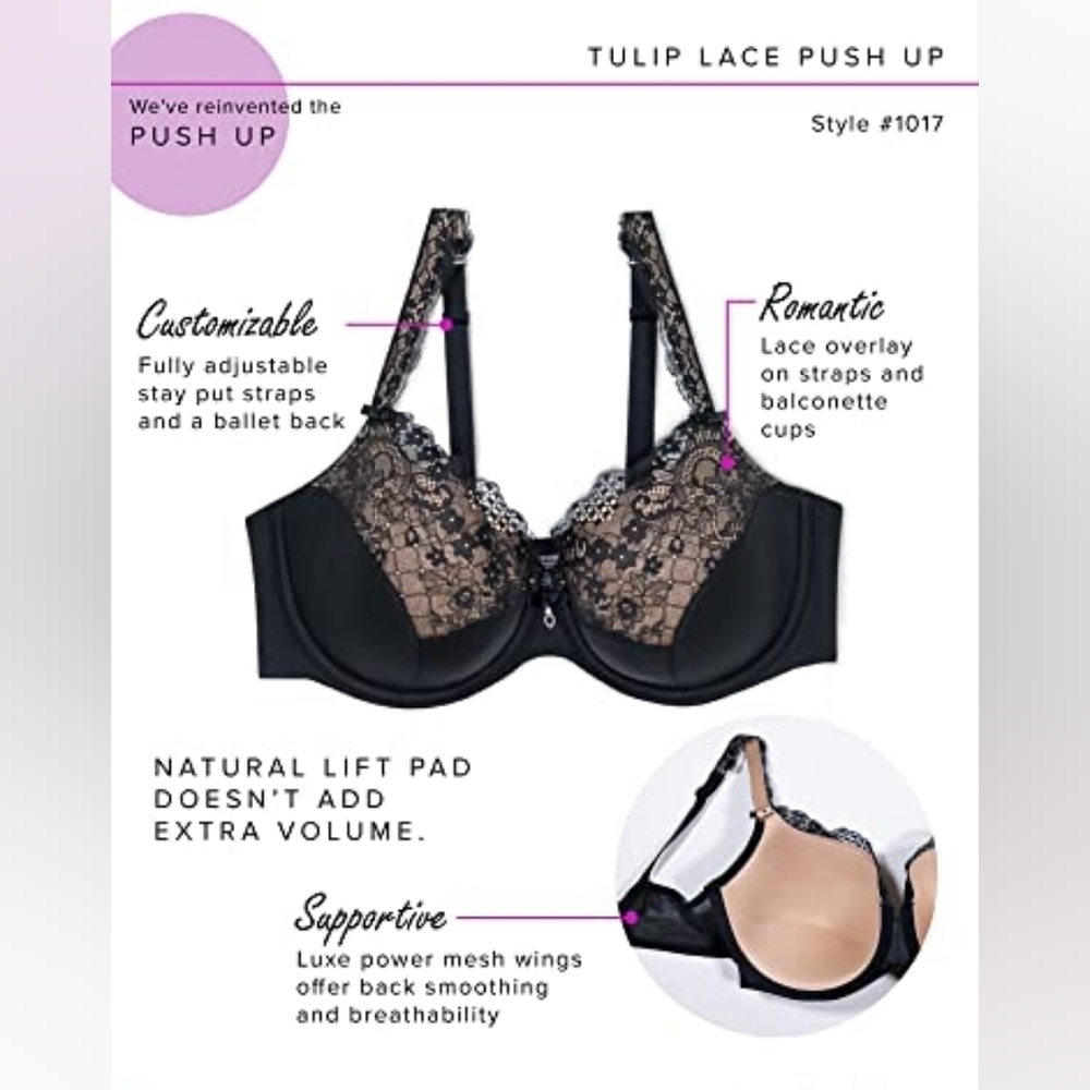 CURVY COUTURE Full Figure Tulip Lace Balconette Bra, Black, 40C